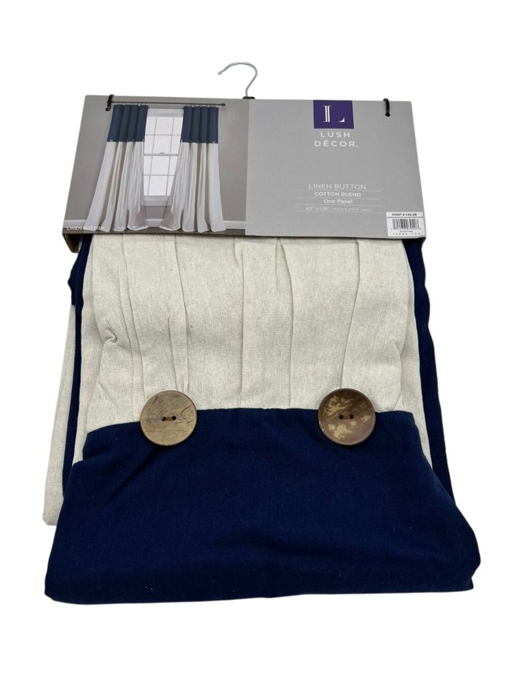NWT Lush Décor Linen Button Cotton Blend Curtain Panel Navy White Colorblock